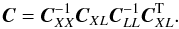 Mathematical equation: \begin{equation} \Cb = \Cb_{XX}^{-1} \Cb_{XL} \Cb_{LL}^{-1} \Cb_{XL}^{\rm T}. \label{eq:sol4} \end{equation}