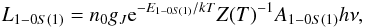 Mathematical equation: \begin{eqnarray*} L_{1-0S(1)}=n_0g_J{\rm e}^{-E_{1-0S(1)}/kT}Z(T)^{-1} A_{1-0S(1)} h\nu, \end{eqnarray*}