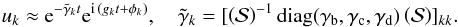 Mathematical equation: \begin{equation} u_\l \approx \mathrm{e}^{- \tilde \gamma_\l t} \mathrm{e}^{\mathrm{i} \,(g_\l t + \phi_\l)} , \quad \tilde \gamma_\l = [\SS^{-1} \mathrm{diag(\gamma_b,\gamma_c,\gamma_d)} \SS]_{\l \l} . \end{equation}