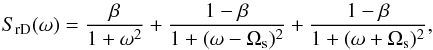 Mathematical equation: \begin{equation} S_{\rm rD}(\omega)=\frac{\beta}{1+\omega^2}+\frac{1-\beta}{1+(\omega-\Omega_{\rm s})^2} +\frac{1-\beta}{1+(\omega+\Omega_{\rm s})^2}, \label{RescaledDoppler} \end{equation}