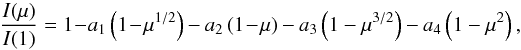 \begin{equation} \label{eq:limb} \frac{I(\mu)}{I(1)} = 1 \!-\! a_1\left(1\!-\!\mu^{1/2}\right) - a_2\left(1\!-\!\mu\right) - a_3 \left(1-\mu^{3/2}\right) - a_4 \left(1 - \mu^2\right), \end{equation}
