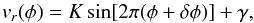 \begin{equation} \label{eq:rv} v_r(\phi) = K \sin [ 2 \pi (\phi + \delta\phi) ] + \gamma, \end{equation}