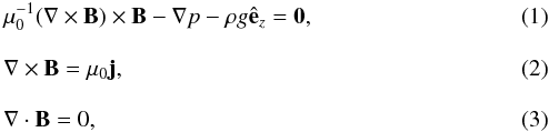 Mathematical equation: \begin{eqnarray} \label{mhs1} &&\mu_0^{-1}(\nabla\times\vec{B})\times\vec{B} -\nabla p - \rho g\hat{\vec{e}}_z = \vec{0}, \\[3mm] \label{mhs2} &&\nabla\times\vec{B} = \mu_0\vec{j}, \\[3mm] \label{mhs3} &&\nabla\cdot\vec{B} = 0, \end{eqnarray}