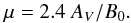 Mathematical equation: \begin{equation} \mu=2.4~A_{V}/B_{0}. \end{equation}