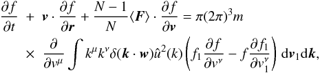 Mathematical equation: \begin{eqnarray} \frac{\partial f}{\partial t}&+&\boldsymbol{v}\cdot {\partial f\over\partial \boldsymbol{r}}+\frac{N-1}{N}\langle \boldsymbol{F}\rangle\cdot {\partial f\over\partial \boldsymbol{v}}=\pi (2\pi)^3 m\nonumber\\ &\times&\frac{\partial}{\partial {v}^{\mu}} \int k^{\mu} k^{\nu} \delta (\boldsymbol{k}\cdot \boldsymbol{w})\hat{u}^2({k}) \left (f_1\frac{\partial f}{\partial v^{\nu}}-f\frac{\partial f_1}{\partial v_1^{\nu}}\right )\, {\rm d}\boldsymbol{v}_1 {\rm d}\boldsymbol{k}, \label{vl2} \end{eqnarray}