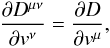 Mathematical equation: \begin{eqnarray} \frac{\partial D^{\mu\nu}}{\partial v^{\nu}}=\frac{\partial D}{\partial v^{\mu}}, \label{fp4a} \end{eqnarray}