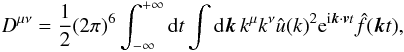 Mathematical equation: \begin{eqnarray} D^{\mu\nu}=\frac{1}{2}(2\pi)^{6}\int_{-\infty}^{+\infty}{\rm d}t \int {\rm d}\boldsymbol{k}\, k^{\mu}k^{\nu}\hat{u}(k)^{2}{\rm e}^{{\rm i}\boldsymbol{k}\cdot \boldsymbol{v}t} \hat{f}(\boldsymbol{k}t), \label{diff1b} \end{eqnarray}