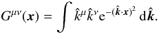 Mathematical equation: \begin{eqnarray} G^{\mu\nu}(\boldsymbol{x})=\int \hat{k}^{\mu}\hat{k}^{\nu} {\rm e}^{-(\hat{\boldsymbol{k}}\cdot \boldsymbol{x})^{2}}\, {\rm d}\hat{\boldsymbol{k}}. \label{diff4} \end{eqnarray}