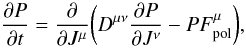 Mathematical equation: \begin{equation} \label{ta2}{\partial P\over\partial t}={\partial\over\partial {J}^{\mu}} \biggl (D^{\mu\nu}{\partial P\over\partial {J}^{\nu}}-P {F}_{\rm pol}^{\mu}\biggr ), \end{equation}