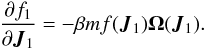 Mathematical equation: \begin{eqnarray} \frac{\partial f_1}{\partial\boldsymbol{J}_1}=-\beta m f(\boldsymbol{J}_1) \boldsymbol{\Omega}(\boldsymbol{J}_1). \label{ta10} \end{eqnarray}