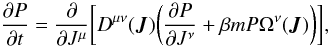 Mathematical equation: \begin{equation} \label{ta13}{\partial P\over\partial t}={\partial\over\partial J^{\mu}}\biggl\lbrack D^{\mu\nu}(\boldsymbol{J})\biggl ({\partial P\over\partial J^{\nu}}+\beta m P\Omega^{\nu}(\boldsymbol{J})\biggr )\biggr\rbrack, \end{equation}