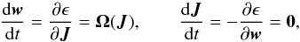 Mathematical equation: \appendix \setcounter{section}{2} \begin{equation} \label{aa2} \frac{{\rm d}\boldsymbol{w}}{{\rm d}t}=\frac{\partial \epsilon}{\partial \boldsymbol{J}}= \boldsymbol{\Omega}(\boldsymbol{J}), \qquad \frac{{\rm d}\boldsymbol{J}}{{\rm d}t}=-\frac{\partial \epsilon}{\partial \boldsymbol{w}}=\boldsymbol{0}, \end{equation}