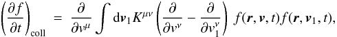 Mathematical equation: \appendix \setcounter{section}{3} \begin{eqnarray} \label{sw6} \left (\frac{\partial f}{\partial t}\right )_{\rm coll}&=&\frac{\partial}{\partial {v}^{\mu}}\int {\rm d}\boldsymbol{v}_1 K^{\mu\nu} \left ({\partial\over\partial { v}^{\nu}}-{\partial\over\partial {v}_{1}^{\nu}}\right ) \; {f}(\boldsymbol{r},\boldsymbol{v},t)f(\boldsymbol{r},\boldsymbol{v}_1,t), \end{eqnarray}