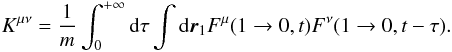 Mathematical equation: \appendix \setcounter{section}{3} \begin{eqnarray} K^{\mu\nu}=\frac{1}{m}\int_0^{+\infty} {\rm d}\tau \int {\rm d}\boldsymbol{r}_{1} {F}^{\mu}(1\rightarrow 0,t){{F}}^{\nu}(1\rightarrow 0,t-\tau). \label{sw7} \end{eqnarray}