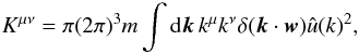 Mathematical equation: \appendix \setcounter{section}{3} \begin{eqnarray} K^{\mu\nu}=\pi (2\pi)^3 m \int {\rm d}\boldsymbol{k} \, k^{\mu}k^{\nu} \delta(\boldsymbol{k}\cdot \boldsymbol{w}) \hat{u}({k})^2,\label{sw17} \end{eqnarray}