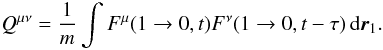 Mathematical equation: \appendix \setcounter{section}{7} \begin{eqnarray} \label{tcf3} Q^{\mu\nu}=\frac{1}{m}\int F^{\mu}(1\rightarrow 0,t) F^{\nu}(1\rightarrow 0,t-\tau)\, {\rm d}\boldsymbol{r}_1. \end{eqnarray}