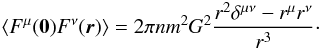 Mathematical equation: \appendix \setcounter{section}{7} \begin{eqnarray} \langle {F}^{\mu}(\boldsymbol{0}){F}^{\nu}(\boldsymbol{r})\rangle=2\pi n m^2G^2\frac{r^2 \delta^{\mu\nu}-r^{\mu}r^{\nu}}{r^3}\cdot \label{tcf15} \end{eqnarray}