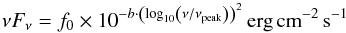 Mathematical equation: \begin{equation} \nu F_{\nu} = f_0 \times 10^{-b \cdot \left(\log_{10}\left(\nu / \nu_\mathrm{peak}\right)\right)^2}\,\mathrm{erg}\,\mathrm{cm}^{-2}\,\mathrm{s}^{-1}\label{eq:logPL} \end{equation}