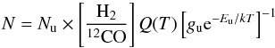 Mathematical equation: \appendix \setcounter{section}{3} \begin{equation} N = N_{\rm u} \times \left[\frac{{\rm H}_2}{^{12}{\rm CO}}\right] Q(T) \left[g_{\rm u} {\rm e}^{-E_{\rm u}/kT}\right]^{-1} \end{equation}
