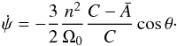 Mathematical equation: \begin{eqnarray} \dot{\psi} = -\frac{3}{2}\frac{n^2}{\Omega_0} \frac{C-\bar{A}}{C }\cos{\theta}\cdot \label{eq:precession} \end{eqnarray}