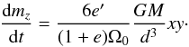 Mathematical equation: \begin{eqnarray} \frac{{\rm d} m_z}{{\rm d}t} = \frac{ 6 e'}{(1+e)\Omega_0} \frac{GM}{d^3} xy\cdot \end{eqnarray}