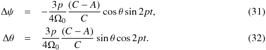 Mathematical equation: \begin{eqnarray} \Delta \psi &=& - \frac{ 3 p }{4 \Omega_0} \frac{(C-A)}{C} \cos{\theta} \sin{2 pt}, \\ \Delta \theta &=& \frac{ 3 p }{4 \Omega_0} \frac{(C-A)}{C} \sin{\theta} \cos{2 pt}. \end{eqnarray}
