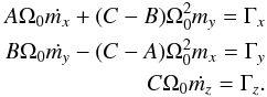 Mathematical equation: \begin{eqnarray} A \Omega_0 \dot{m_x} + (C-B) \Omega_0^2 m_y = \Gamma_x \nonumber \\ B \Omega_0 \dot{m_y} - (C-A) \Omega_0^2 m_x = \Gamma_y \\ C \Omega_0 \dot{m_z} = \Gamma_z \nonumber. \label{eq:firstorder} \end{eqnarray}