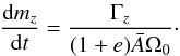 Mathematical equation: \begin{eqnarray} \frac{{\rm d} m_z}{{\rm d}t} = \frac{\Gamma_z}{(1+e) \bar{A} \Omega_0}\cdot \label{eq:dmz} \end{eqnarray}