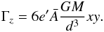 Mathematical equation: \begin{eqnarray} \Gamma_z = 6 e' \bar{A} \frac{GM}{d^3} xy. \label{eq:torquez} \end{eqnarray}