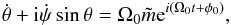 Mathematical equation: \begin{eqnarray} \dot{\theta} + {\rm i} \dot{\psi}\sin{\theta} = \Omega_0 \tilde{m} {\rm e}^{i (\Omega_0 t + \phi_0)}, \label{eq:kinematics_euler} \end{eqnarray}