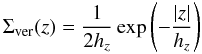 Mathematical equation: \begin{equation} \label{eqn:prof} \Sigma_{\text{ver}}(z) = \frac{1}{2 h_z} \exp\left(-\frac{|z|}{h_z}\right) \end{equation}