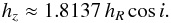 Mathematical equation: \begin{equation} h_z \approx 1.8137\,h_R \cos i. \end{equation}