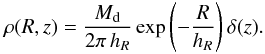 Mathematical equation: \appendix \setcounter{section}{1} \begin{equation} \rho(R,z) = \frac{M_{\text{d}}}{2\pi\,h_R} \exp\left(-\frac{R}{h_R}\right) \delta(z). \end{equation}