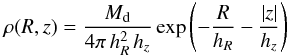 Mathematical equation: \begin{equation} \rho(R,z) = \frac{M_{\text{d}}}{4\pi\,h_R^2\,h_z} \exp\left(-\frac{R}{h_R}-\frac{|z|}{h_z}\right) \label{ded} \end{equation}