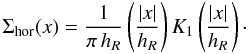 Mathematical equation: \begin{equation} \Sigma_{\text{hor}}(x) = \frac{1}{\pi\,h_R} \left(\frac{|x|}{h_R}\right) K_1\left(\frac{|x|}{h_R}\right) \label{dust-mass-radial-profile}\cdot \end{equation}