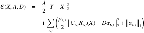 Mathematical equation: \begin{eqnarray} \mathcal{E} (X,A,D) &=& \frac{\lambda}{2}\left\|Y-X\right\|_2^2 \nonumber\\[1.5mm] && +\sum_{i,j}\left ( \frac{\mu_{i,j}}{2}\left\|C_{i,j}R_{i,j}(X)-D\alpha_{i,j}\right\|_2^2 + \left\|\alpha_{i,j}\right\|_1\right) \label{denoising_energy} \end{eqnarray}