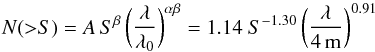 Mathematical equation: \begin{equation} N({>}S) = A \,S^{\beta} \,\biggl( \frac{\lambda}{\lambda_0} \biggr)^{\alpha \beta} = 1.14 ~S^{-1.30} \,\biggl( \frac{\lambda}{\rm{4 \,m}} \biggr)^{0.91} \label{eqn:numdist} \end{equation}