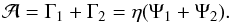 Mathematical equation: \begin{equation} \label{AMDdef} \mathcal{A} = \Gamma_1 + \Gamma_2 = \eta(\Psi_1 + \Psi_2). \end{equation}