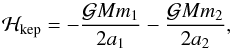 Mathematical equation: \begin{equation} \label{Hkeporbel} \mathcal{H}_{\rm{kep}} = - \frac{\mathcal{G} M m_1}{2 a_1} - \frac{\mathcal{G} M m_2}{2 a_2}, \end{equation}