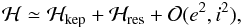 Mathematical equation: \begin{eqnarray} \mathcal{H} \simeq \mathcal{H}_{\rm{kep}} + \mathcal{H}_{\rm{res}} + \mathcal{O} (e^2 , i^{2}), \end{eqnarray}