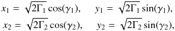 Mathematical equation: \begin{eqnarray} \label{secularcart} x_1 = \sqrt{2 \Gamma_1} \cos(\gamma_1), \ \ \ \ \ y_1 = \sqrt{2 \Gamma_1} \sin(\gamma_1), \nonumber \\ x_2 = \sqrt{2 \Gamma_2} \cos(\gamma_2), \ \ \ \ \ y_2 = \sqrt{2 \Gamma_2} \sin(\gamma_2), \end{eqnarray}