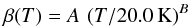 Mathematical equation: \begin{equation} \beta(T) = A\,\, (T/20.0\,{\rm K})^{B} \label{eq:AB} \end{equation}
