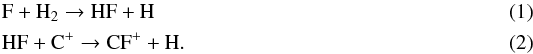 Mathematical equation: \begin{eqnarray} &&\rm F + H_2 \rightarrow HF + H \\ &&\rm HF + C^+ \rightarrow CF^+ + H . \label{reaction} \end{eqnarray}