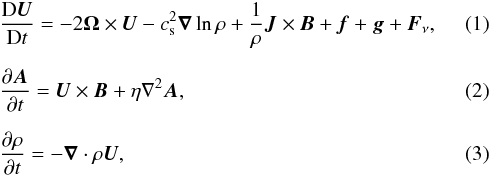 Mathematical equation: \begin{eqnarray} &&{\DD\UU\over\DD t}=-2\OO\times\UU -\cs^2\nab\ln\rho+{1\over\rho}\JJ\times\BB+\ff+\grav+\FF_\nu,\\[2mm] &&{\partial\AAA\over\partial t}=\UU\times\BB+\eta\nabla^2\AAA,\\[2mm] &&{\partial\rho\over\partial t}=-\nab\cdot\rho\UU, \end{eqnarray}