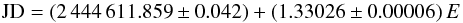 Mathematical equation: \begin{equation} \label{spatne} \text{JD}=(2\,444\,611.859\pm0.042)+(1.33026\pm0.00006)\,E \end{equation}