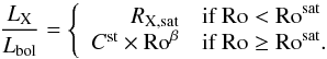 Mathematical equation: \begin{equation} {L_{\rm X} \over L_{\rm bol}} = \left\{ \begin{array}{rl} R_{\rm X, sat} &\text{if Ro} < \text{Ro}^{\rm sat} \\ C^{\rm st} \times \text{Ro}^{\beta} &\text{if Ro} \ge \text{Ro}^{\rm sat}. \end{array} \right. \end{equation}