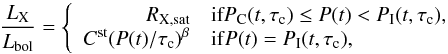 Mathematical equation: \begin{equation} {L_{\rm X} \over L_{\rm bol}} = \left\{ \begin{array}{rl} R_{\rm X, sat} & {\rm if} P_{\rm C} (t, \tau_{\rm c}) \le P(t) < P_{\rm I}(t, \tau_{\rm c}), \\ C^{\rm st} ( P(t)/ \tau_{\rm c} )^{\beta} & {\rm if} P(t) = P_{\rm I} (t, \tau_{\rm c}), \end{array} \right. \end{equation}