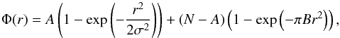 Mathematical equation: \begin{equation} \Phi(r) = A \left(1-\exp\left(-{r^2 \over 2 \sigma^2}\right)\right) + \left(N - A\right) \left(1-\exp \left(-\pi B r^2 \right)\right), \end{equation}