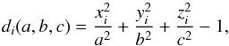 Mathematical equation: \begin{equation} d_i(a,b,c)=\frac{x_i^2}{a^2}+\frac{y_i^2}{b^2}+\frac{z_i^2}{c^2}-1 , \end{equation}