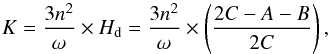 Mathematical equation: \begin{equation} K = {3 n^2 \over \omega} \times H_{\rm d} = {3 n^2 \over \omega} \times \left({2C - A - B \over 2C} \right) , \end{equation}